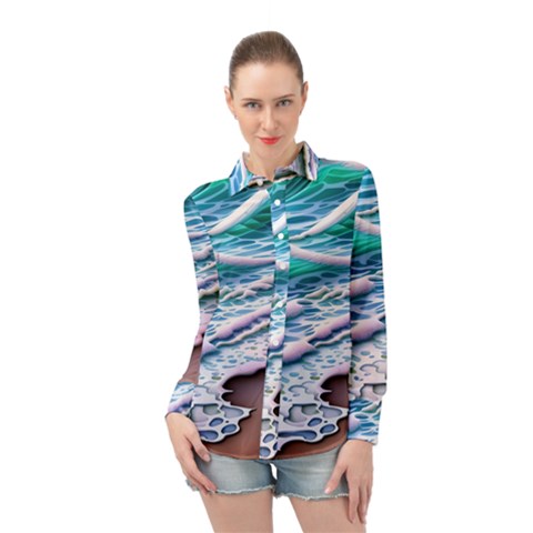 Shore Blue Ocean Waves Long Sleeve Chiffon Shirt by GardenOfOphir