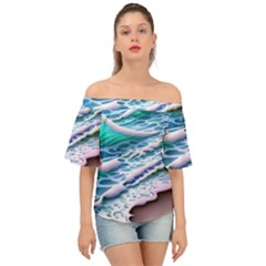 Shore Blue Ocean Waves Off Shoulder Short Sleeve Top by GardenOfOphir