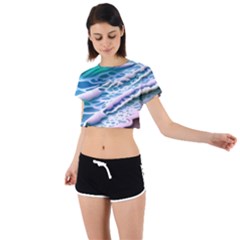 Shore Blue Ocean Waves Tie Back Short Sleeve Crop Tee by GardenOfOphir