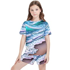 Shore Blue Ocean Waves Kids  Tee And Sports Shorts Set by GardenOfOphir