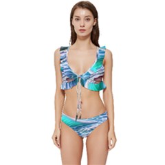 Shore Blue Ocean Waves Low Cut Ruffle Edge Bikini Set by GardenOfOphir