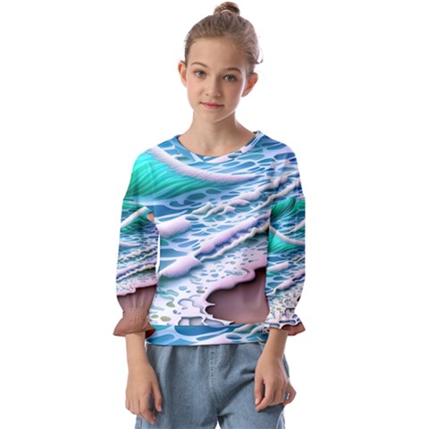 Shore Blue Ocean Waves Kids  Cuff Sleeve Top by GardenOfOphir