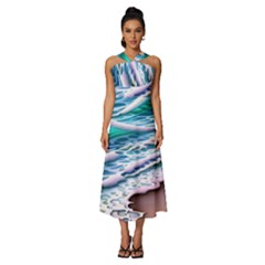 Shore Blue Ocean Waves Sleeveless Cross Front Cocktail Midi Chiffon Dress