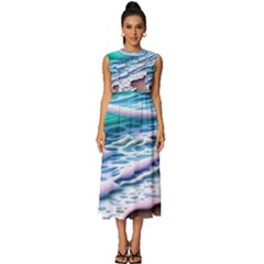 Shore Blue Ocean Waves Sleeveless Round Neck Midi Dress by GardenOfOphir