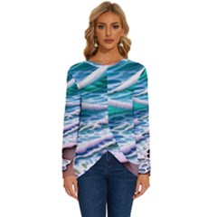 Shore Blue Ocean Waves Long Sleeve Crew Neck Pullover Top