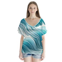 Pastel Blue Ocean Waves Iii V-neck Flutter Sleeve Top by GardenOfOphir