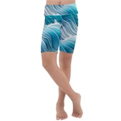 Pastel Blue Ocean Waves Iii Kids  Lightweight Velour Cropped Yoga Leggings by GardenOfOphir