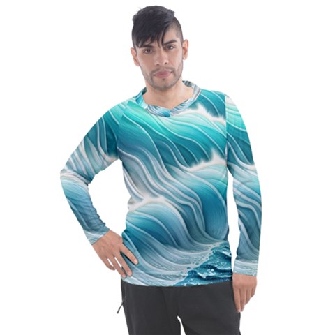 Pastel Blue Ocean Waves Iii Men s Pique Long Sleeve Tee by GardenOfOphir