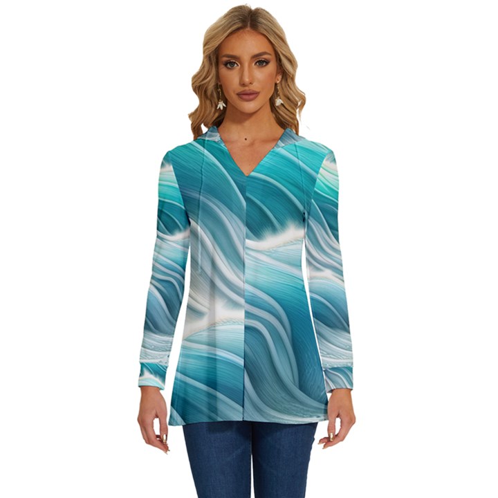 Pastel Blue Ocean Waves Iii Long Sleeve Drawstring Hooded Top