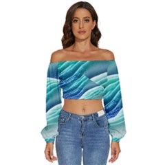 Pastel Beach Wave I Long Sleeve Crinkled Weave Crop Top