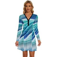 Pastel Beach Wave I Long Sleeve Deep V Mini Dress 