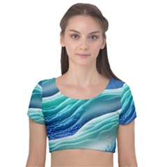 Pastel Beach Wave I Velvet Short Sleeve Crop Top  by GardenOfOphir