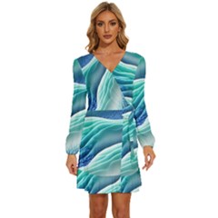 Pastel Beach Wave I Long Sleeve Waist Tie Ruffle Velvet Dress