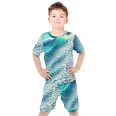 Pastel Beach Wave Kids  Tee And Shorts Set by GardenOfOphir