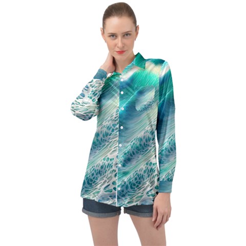 Pastel Beach Wave Long Sleeve Satin Shirt by GardenOfOphir