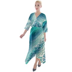 Pastel Beach Wave Quarter Sleeve Wrap Front Maxi Dress by GardenOfOphir