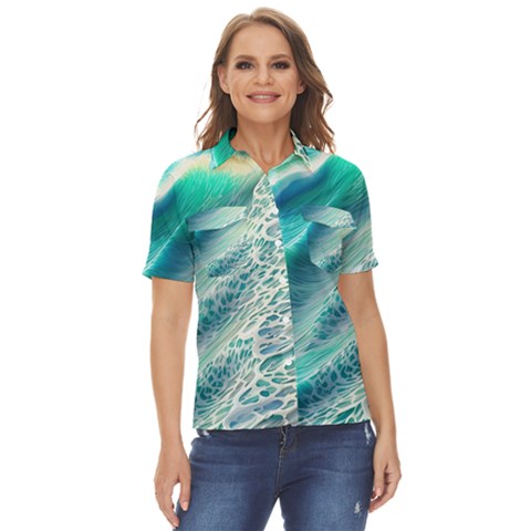 Pastel Beach Wave Women s Short Sleeve Double Pocket Shirt by GardenOfOphir