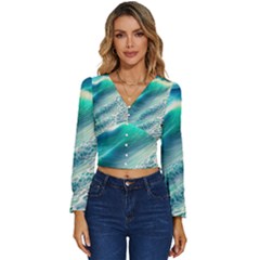 Pastel Beach Wave Long Sleeve V-neck Top