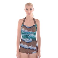 Abstract Waves Summertime On The Sea Boyleg Halter Swimsuit  by GardenOfOphir