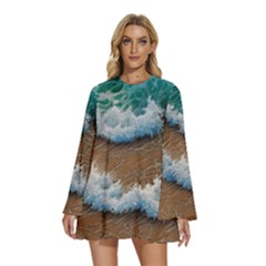 Abstract Waves Summertime On The Sea Round Neck Long Sleeve Bohemian Style Chiffon Mini Dress