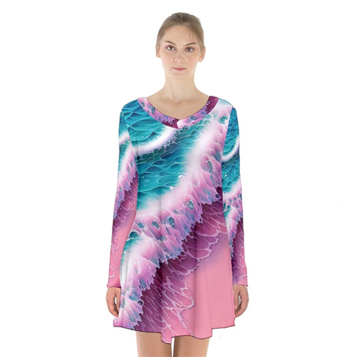 Summer Waves In Pink Ii Long Sleeve Velvet V-neck Dress