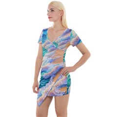 Waves At The Ocean s Edge Short Sleeve Asymmetric Mini Dress by GardenOfOphir