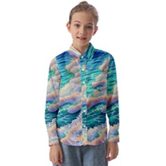 Waves At The Ocean s Edge Kids  Long Sleeve Shirt by GardenOfOphir