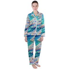 Waves At The Ocean s Edge Women s Long Sleeve Satin Pajamas Set	 by GardenOfOphir