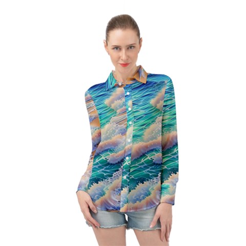 Waves At The Ocean s Edge Long Sleeve Chiffon Shirt by GardenOfOphir