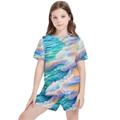 Waves At The Ocean s Edge Kids  Tee And Sports Shorts Set by GardenOfOphir