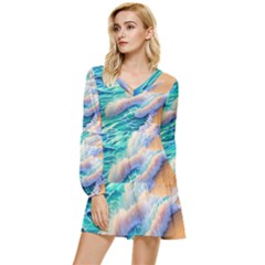 Waves At The Ocean s Edge Tiered Long Sleeve Mini Dress by GardenOfOphir