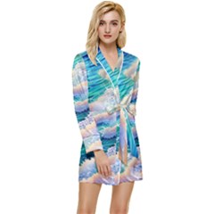 Waves At The Ocean s Edge Long Sleeve Satin Robe by GardenOfOphir