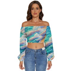 Waves At The Ocean s Edge Long Sleeve Crinkled Weave Crop Top