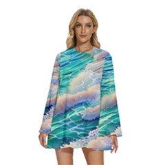 Waves At The Ocean s Edge Round Neck Long Sleeve Bohemian Style Chiffon Mini Dress by GardenOfOphir