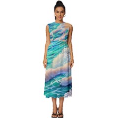 Waves At The Ocean s Edge Sleeveless Round Neck Midi Dress