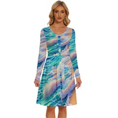 Waves At The Ocean s Edge Long Sleeve Dress With Pocket by GardenOfOphir