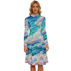 Waves At The Ocean s Edge Long Sleeve Shirt Collar A-line Dress