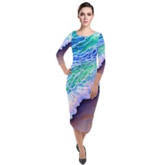 Blue Wave Ii Quarter Sleeve Midi Velour Bodycon Dress by GardenOfOphir