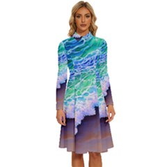 Blue Wave Ii Long Sleeve Shirt Collar A-line Dress