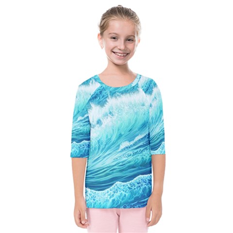 Blue Ocean Wave Watercolor Ii Kids  Quarter Sleeve Raglan Tee by GardenOfOphir