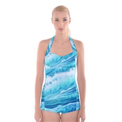 Blue Ocean Wave Watercolor Ii Boyleg Halter Swimsuit  by GardenOfOphir