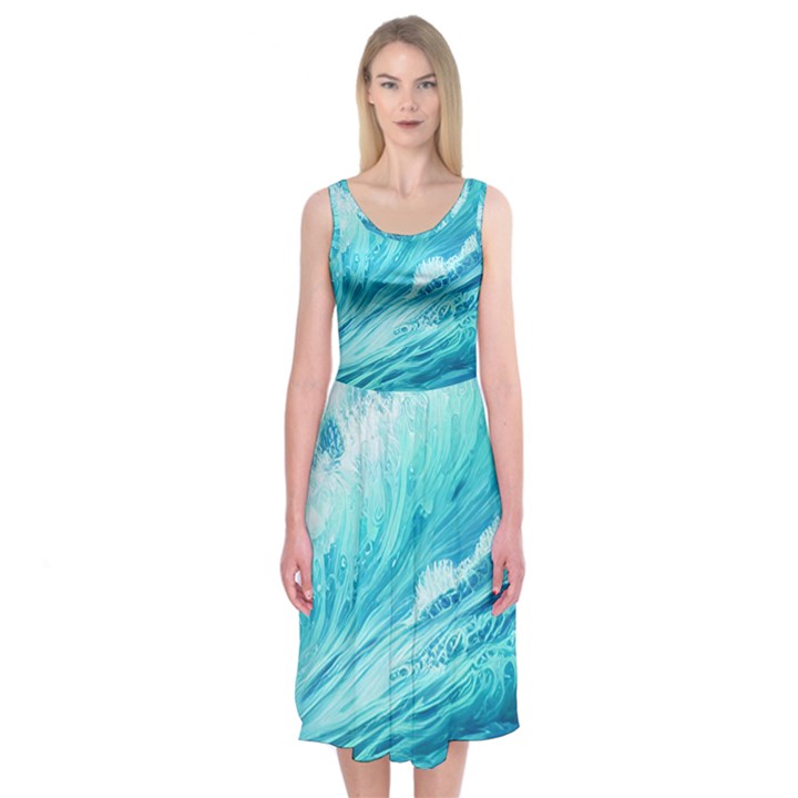 Blue Ocean Wave Watercolor Ii Midi Sleeveless Dress