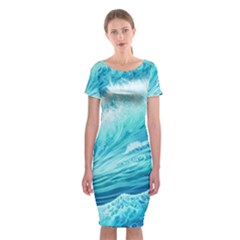 Blue Ocean Wave Watercolor Ii Classic Short Sleeve Midi Dress by GardenOfOphir