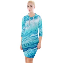 Blue Ocean Wave Watercolor Ii Quarter Sleeve Hood Bodycon Dress by GardenOfOphir