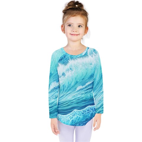 Blue Ocean Wave Watercolor Ii Kids  Long Sleeve Tee by GardenOfOphir