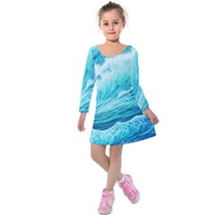 Blue Ocean Wave Watercolor Ii Kids  Long Sleeve Velvet Dress by GardenOfOphir