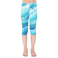 Blue Ocean Wave Watercolor Ii Kids  Capri Leggings  by GardenOfOphir