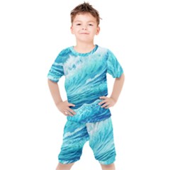 Blue Ocean Wave Watercolor Ii Kids  Tee And Shorts Set by GardenOfOphir