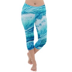 Blue Ocean Wave Watercolor Ii Lightweight Velour Capri Yoga Leggings by GardenOfOphir