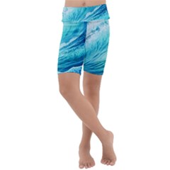 Blue Ocean Wave Watercolor Ii Kids  Lightweight Velour Cropped Yoga Leggings by GardenOfOphir